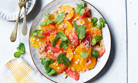 Thai style Citrus salad with lime and lemongrass vinaigrette and mint garnish