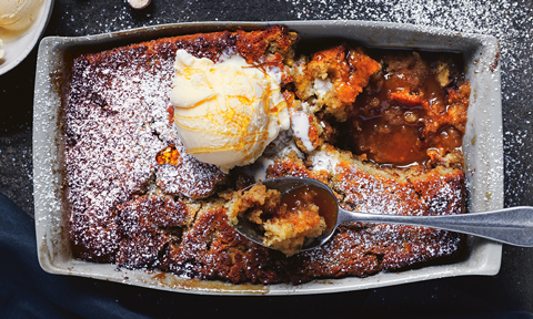 Banana and malt self-saucing pudding with an ice cream ball