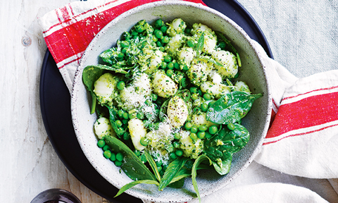 A bowl of gnocchi with broccoli pesto