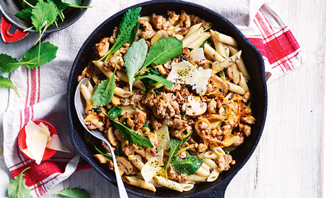 A pot of sausage penne boscaiola