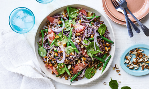 Black noodle salad with lentils and pink grapefruit