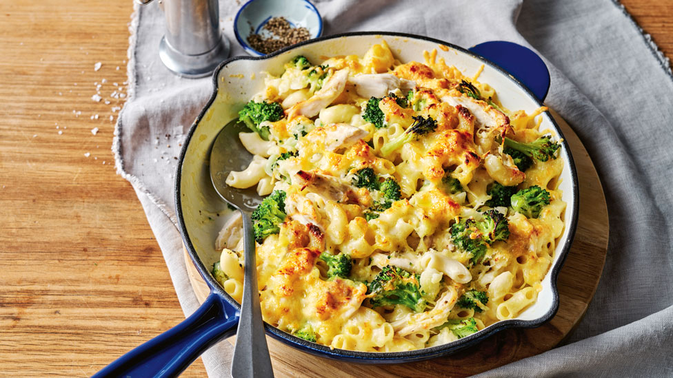 Chicken mac ’n’ cheese with broccoli and cauliflower