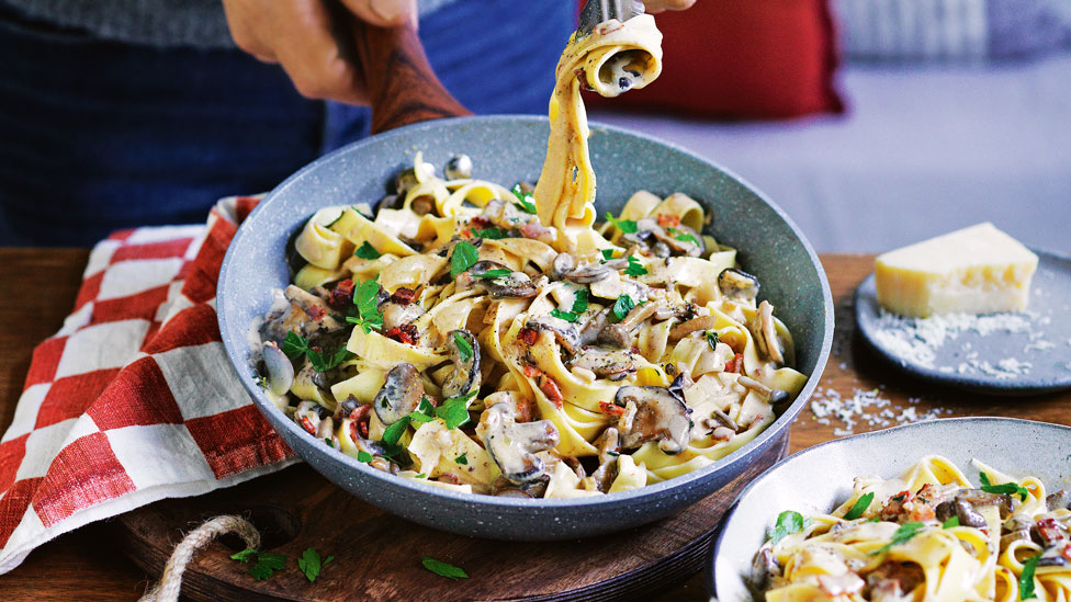 Curtis Stone’s Fettuccine with mushroom marsala sauce and bacon