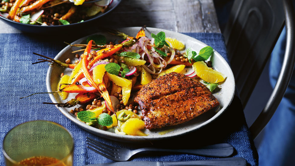 Harissa snapper with orange, olive and lentil salad