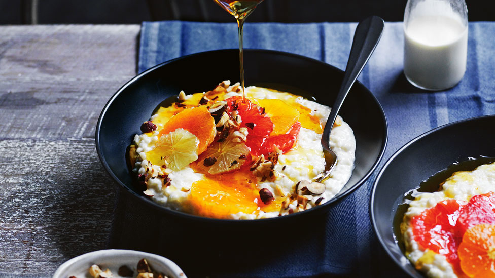 Slow-baked rice pudding with citrus salad and caramel