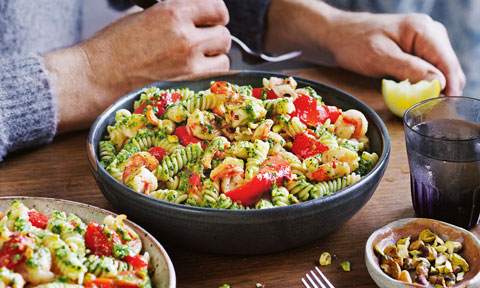 Curtis Stone's fusilli with prawns and spinach-pistachio pesto