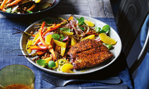 Harissa snapper with orange, olive and lentil salad