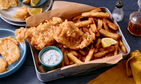 Michael Weldon's fish and chips with potato cakes and yoghurt tartare