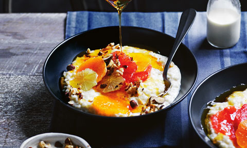 Slow-baked rice pudding with citrus salad and caramel