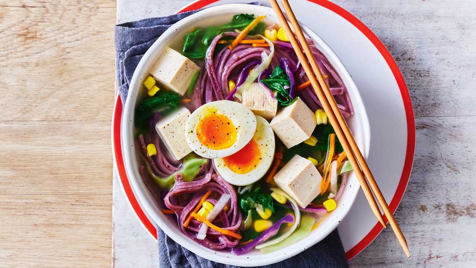 Easy tofu noodle soup with an egg cut in half