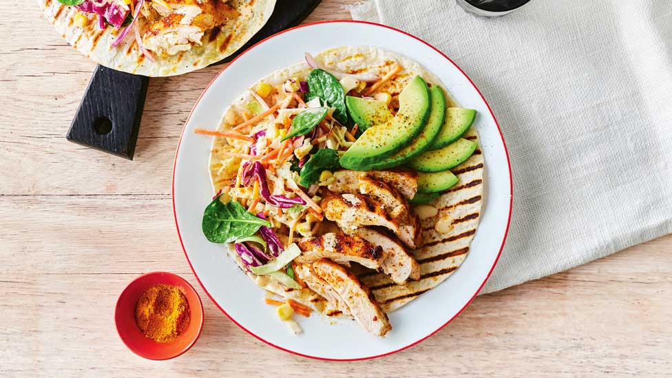 BBQ chicken wraps wih avocado and salads