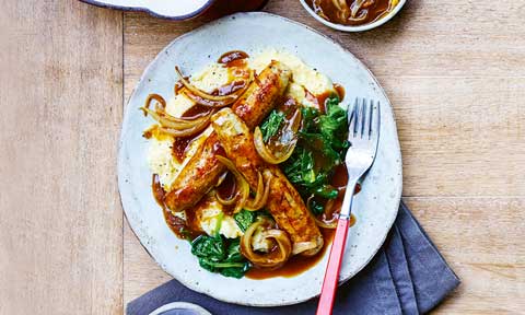 Cheat's bangers and mash with gravy