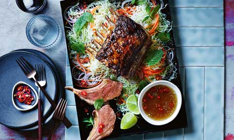 Curtis Stone's BBQ lamb racks with lime-garlic sauce