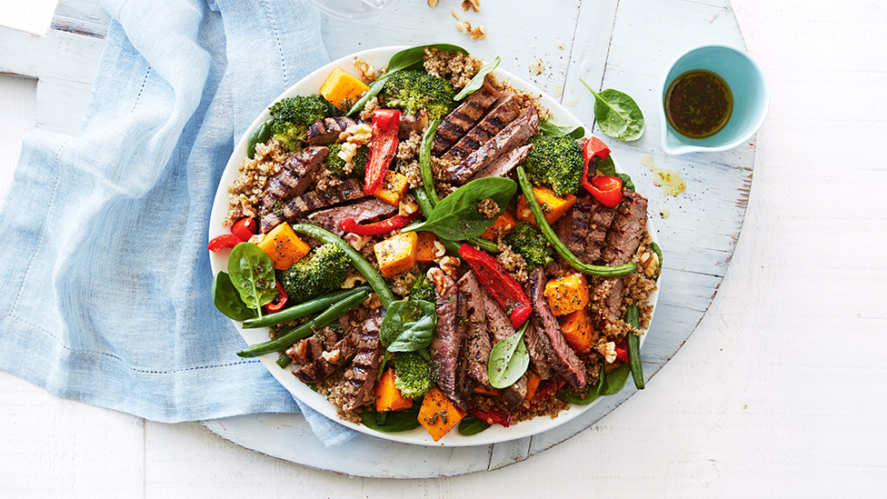 Salad of beef, broccoli, pumpkin and quinoa