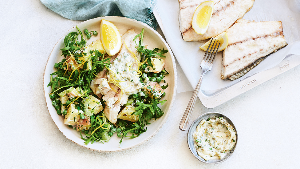 Baked barramundi with lemon caper mayonnaise