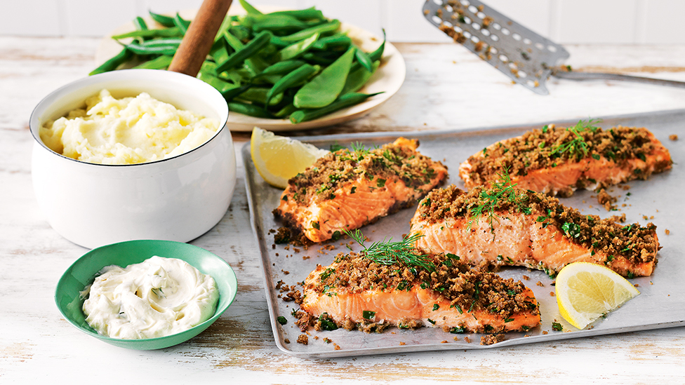 Baked fish with potato and horseradish mash