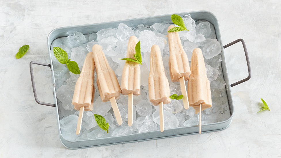 Six homemade ice blocks sitting on ice in a baking dish