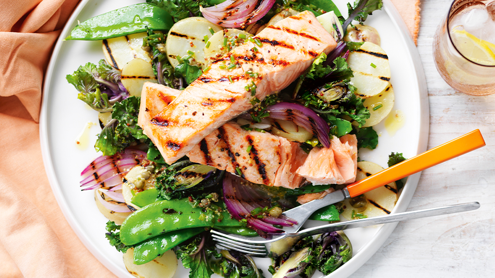 Barbecued potato and kalette salad with salmon