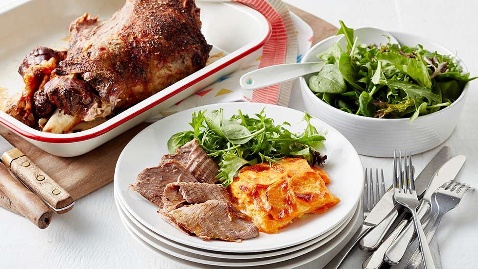 Barbecued spiced rubbed lamb with sweet potato gratin