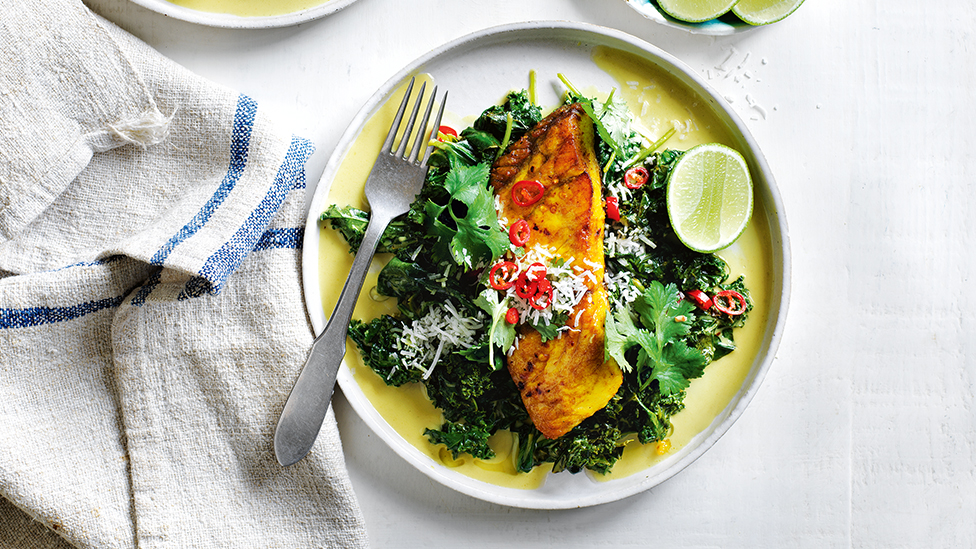 Barramundi with cocnut spinach