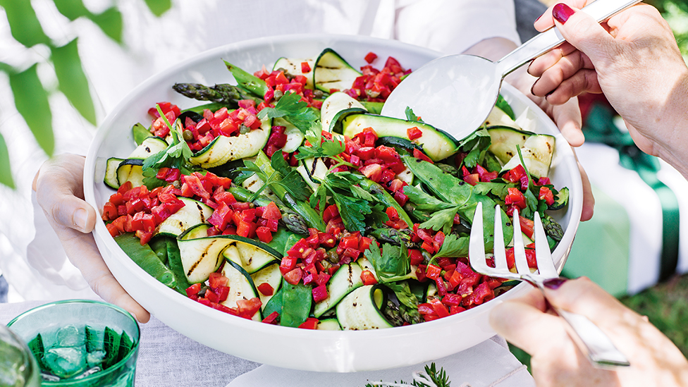 BBQ asparagus, zucchini and show pea salad