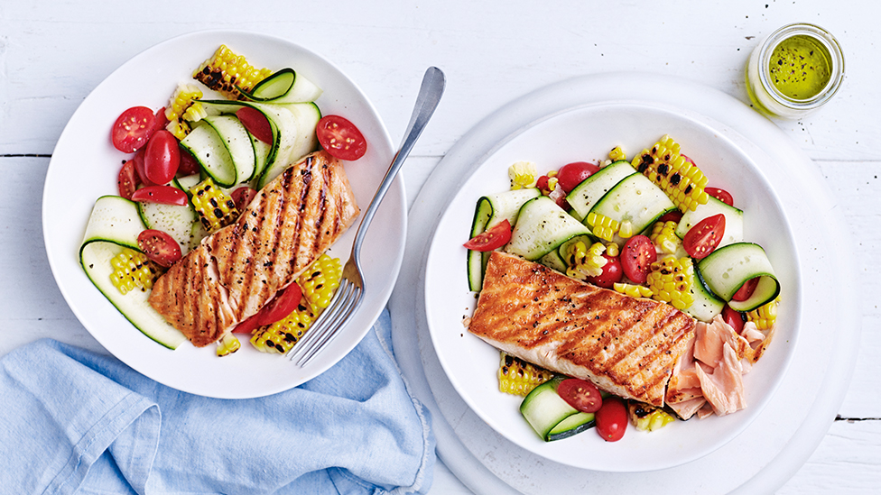BBQ salmon with corn and zucchini salad