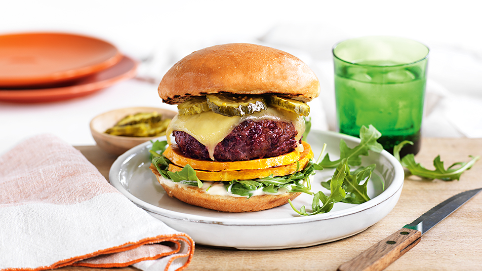 Beef and Beetroot Burger with Grilled Pumpkin