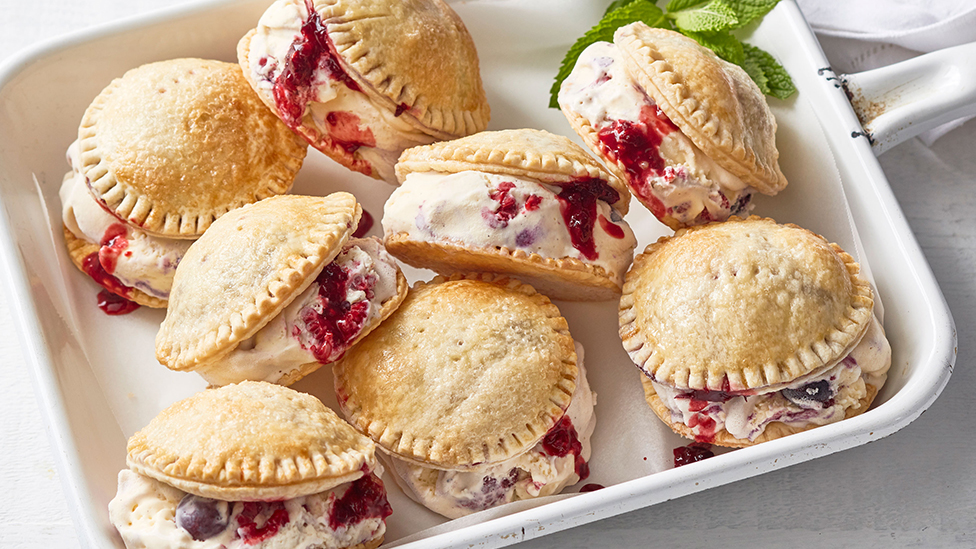 Berry pie ice-cream sandwiches in a serving dish