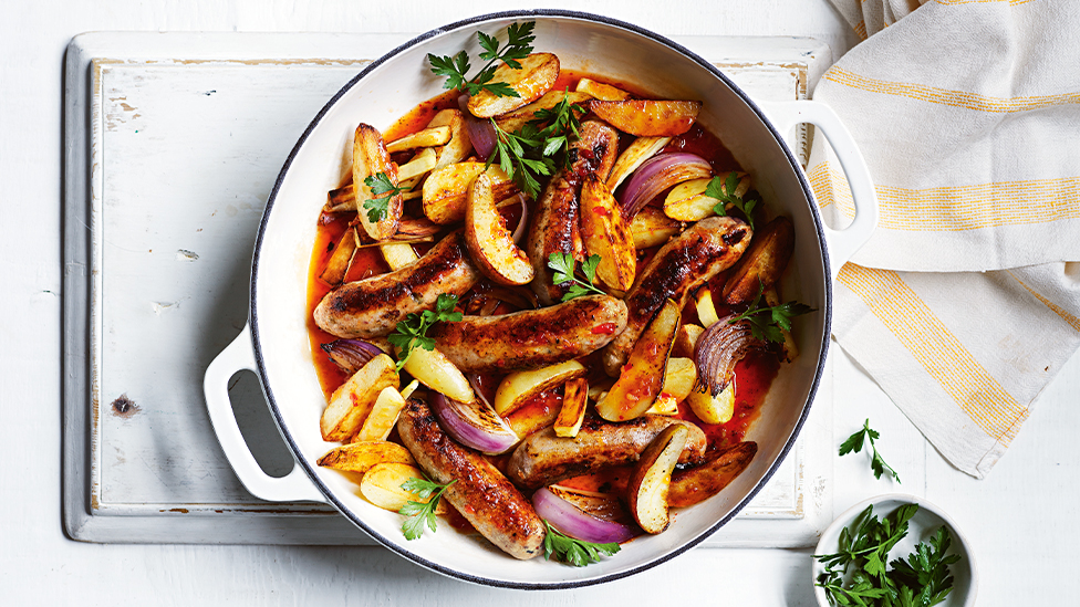 Braised Sausages with Pear and Potatoes Recipe Coles