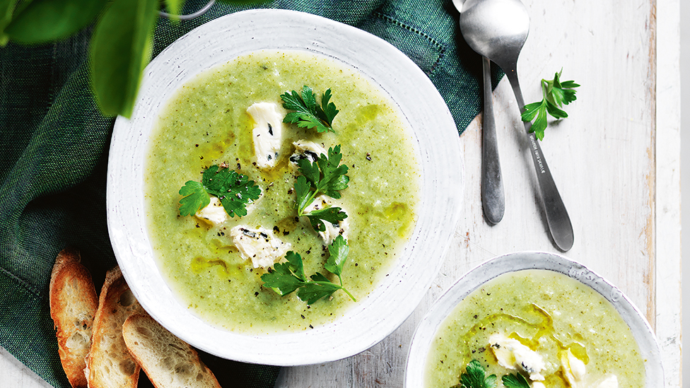 Broccoli, potato and blue cheese soup