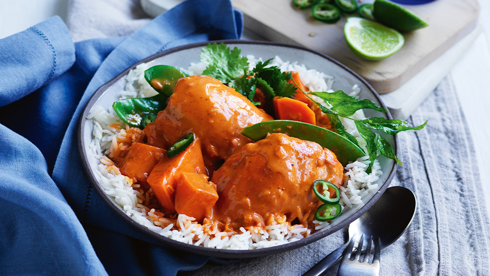 Butter chicken and sweet potato tray bake