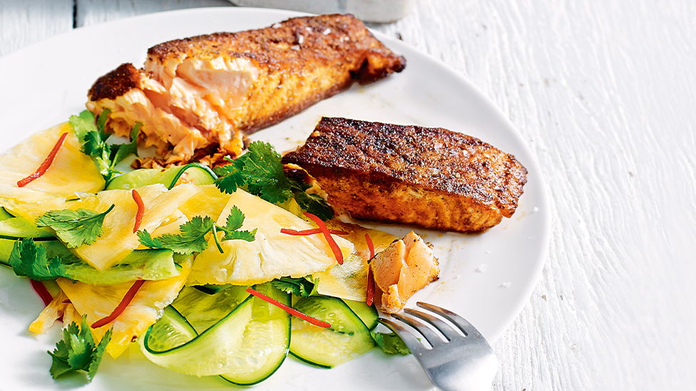 Cajun salmon with pineapple salad