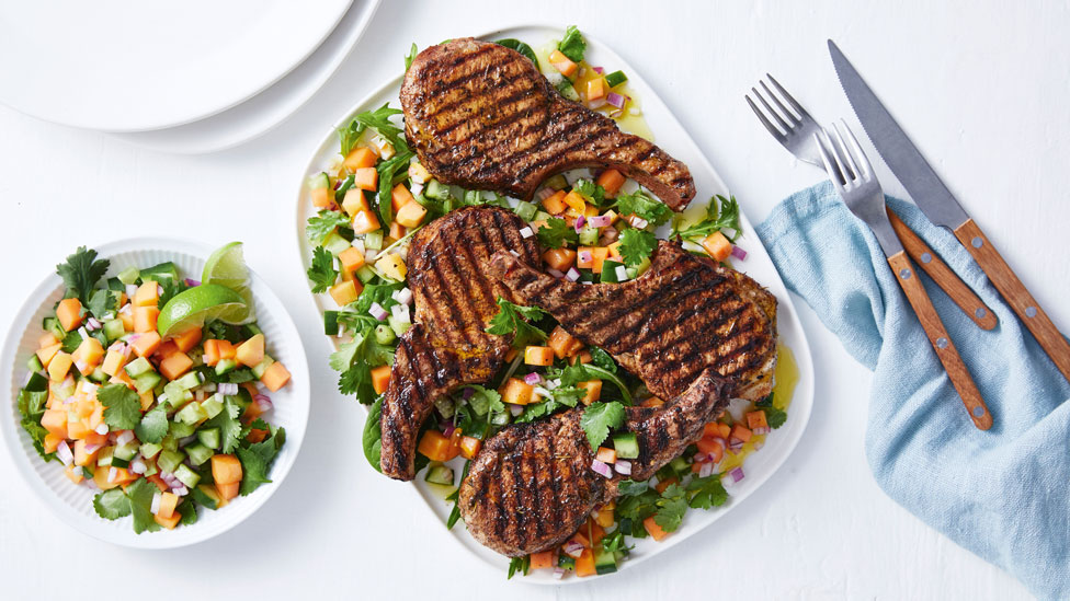 Caribbean-style pork with papaya salad