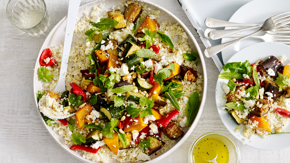 Cauliflower rice with Middle Eastern roasted vegetables