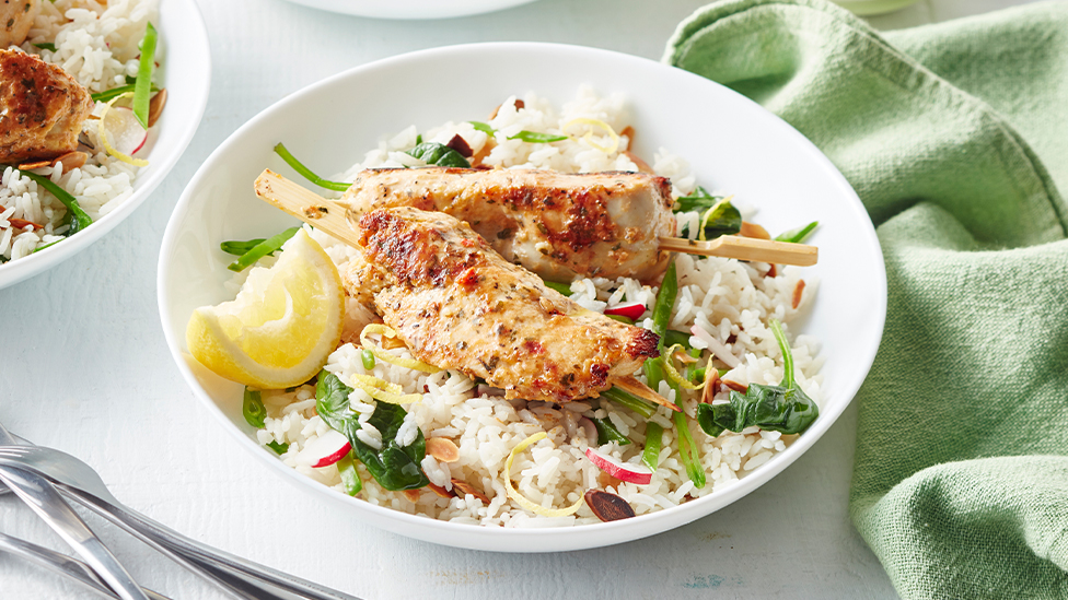 Chicken souvlaki with spring pilaf