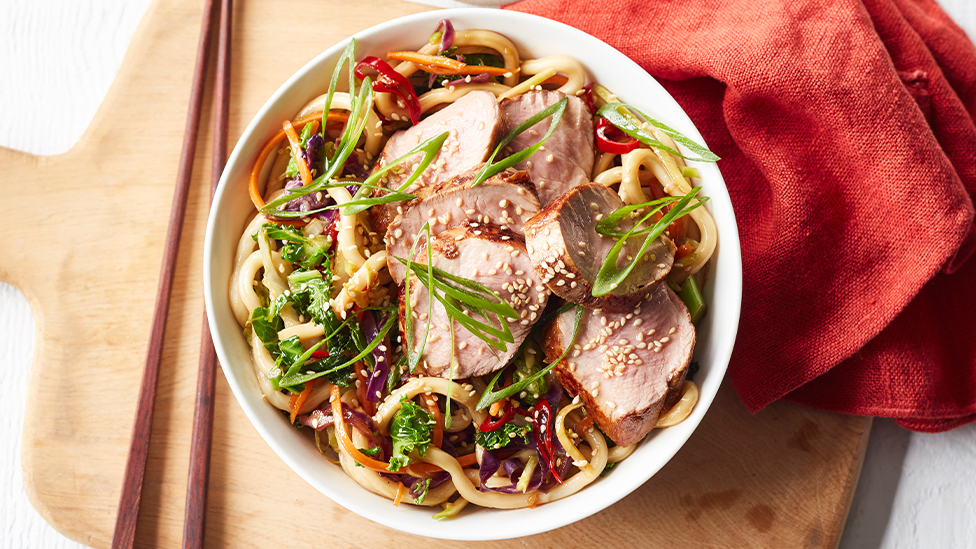 Chilli and soy-glazed pork with udon noodles
