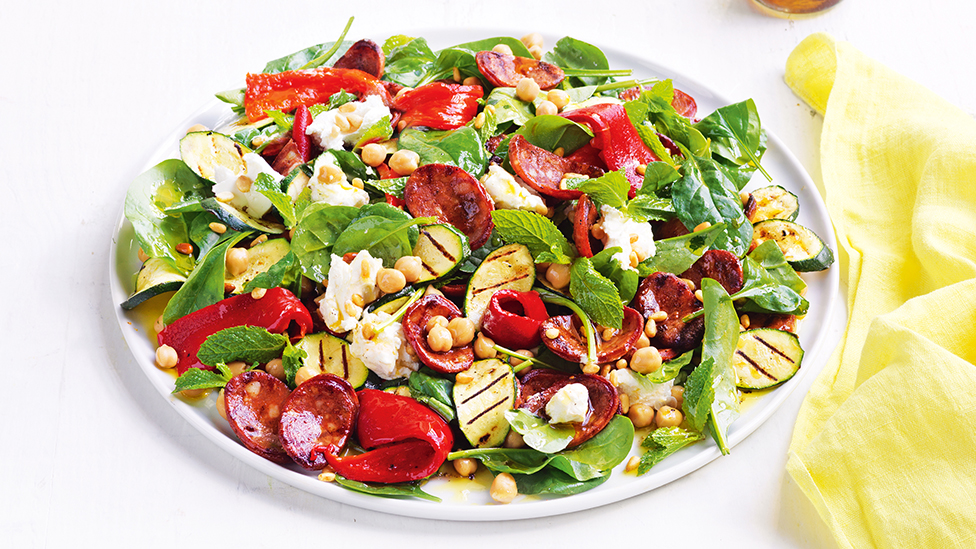 Chorizo, chickpea and baby spinach salad