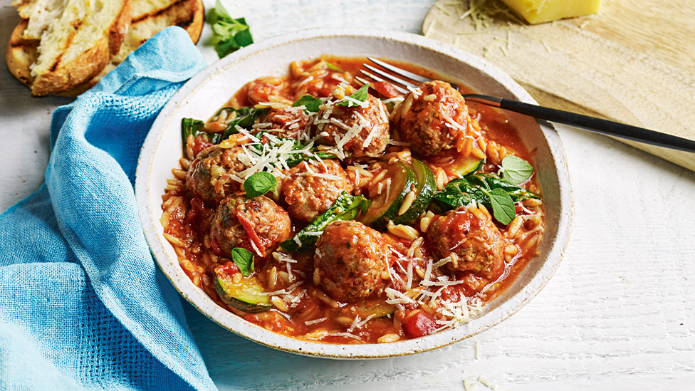 Chorizo meatballs with risoni