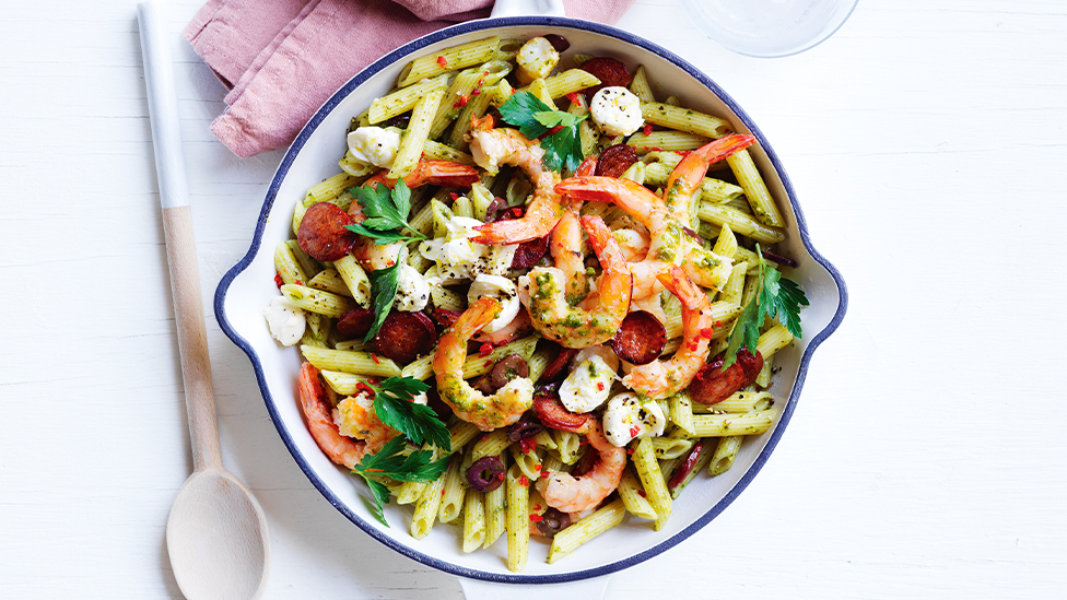 Chorizo, prawn and pesto penne