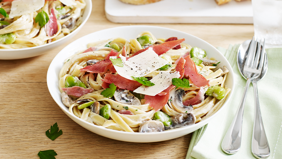 Creamy fettuccine with proscuitto, broad beans and mushrooms