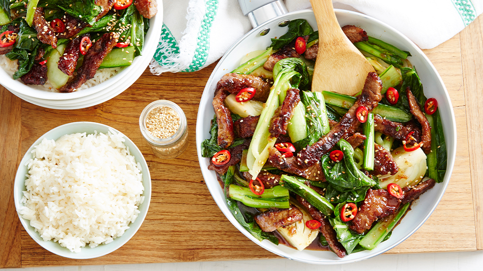 Crispy beef and Asian greens stir-fry