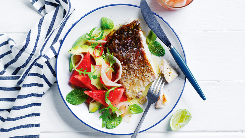 Crispy-skin barramundi with watermelon salad