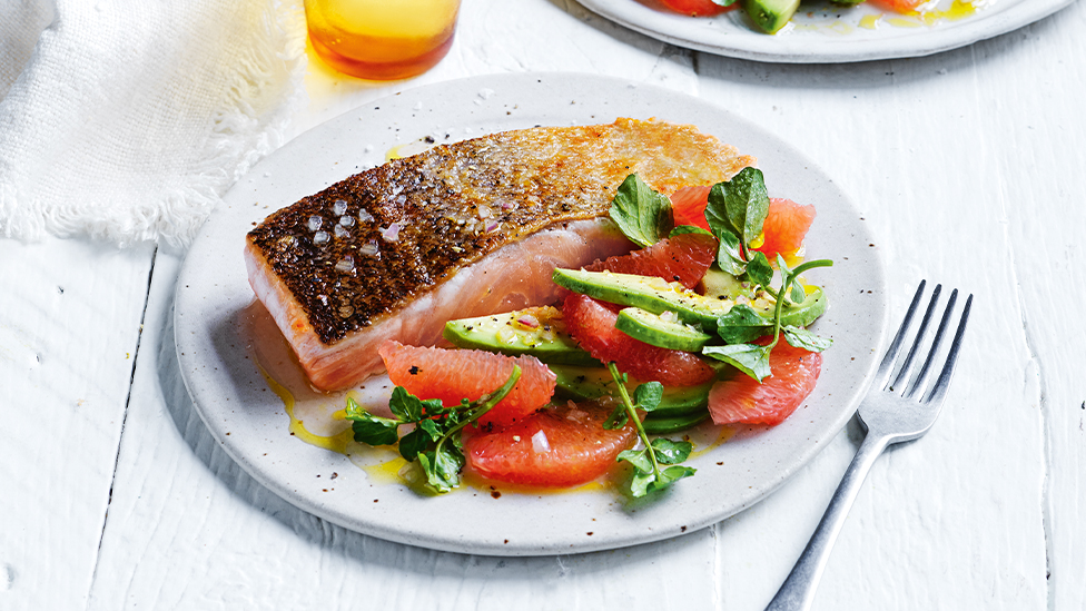 Crispy-skin salmon with grapefruit and avocado salad