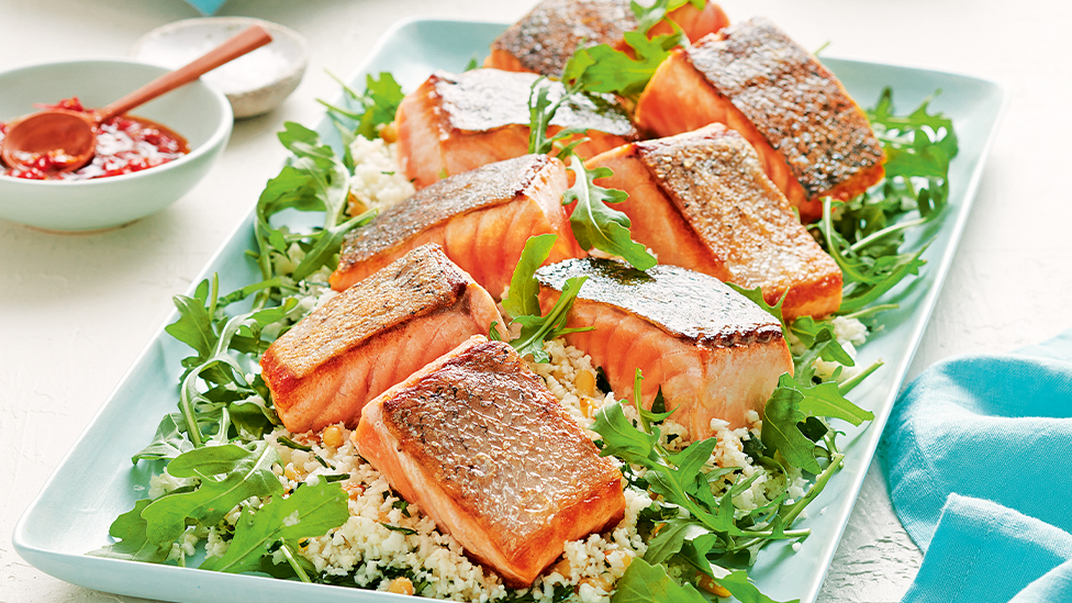 Crispy-skinned salmon with cauliflower couscous