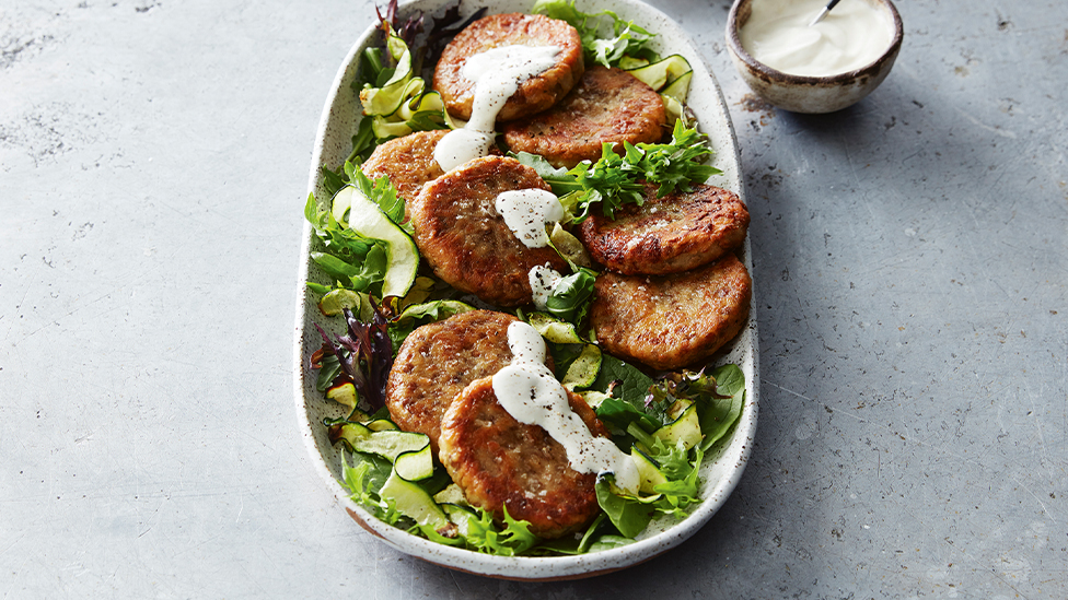 Curried potato patties with zucchini salad