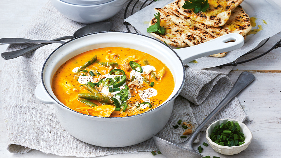 Curried pumpkin and chicken soup with naan