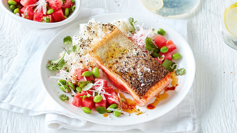 Curtis Stone's Barbecued salmon with poke sauce and sushi style rice