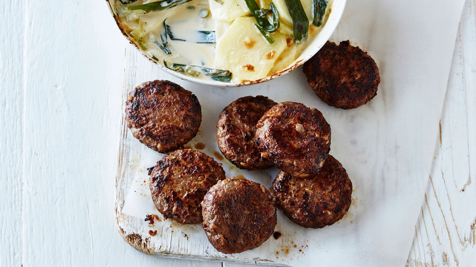 Curtis Stone's Beef rissoles with potato-spring onion gratin