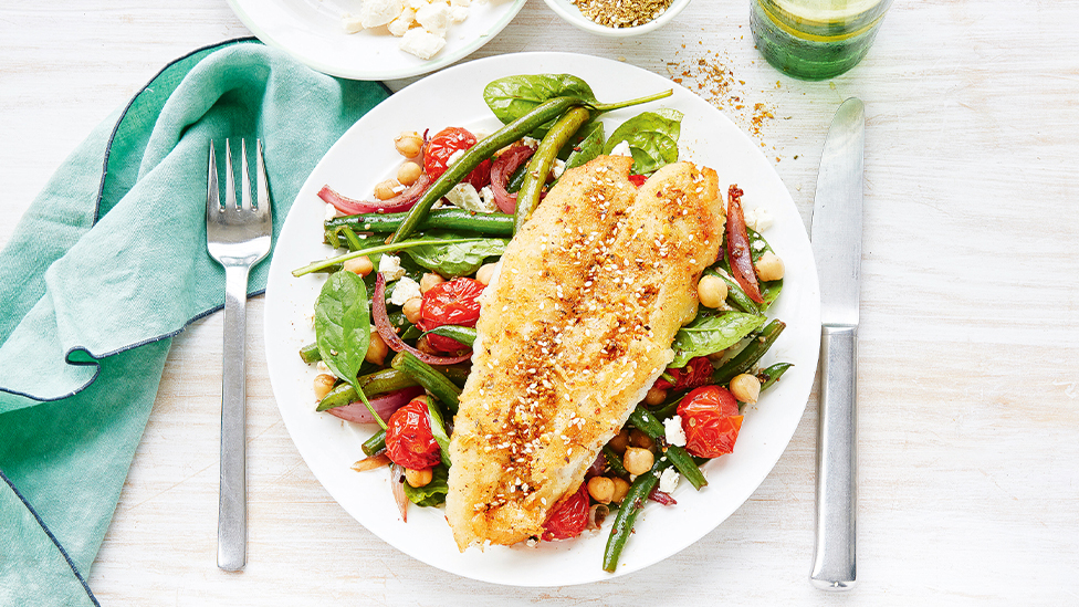 Dukkah fish with bean and tomato salad