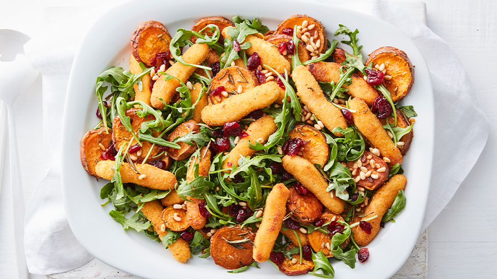 Easy sweet potato and crumbed chicken salad